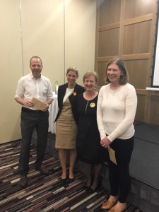 Dr Rob Cunney & Dr Joanne O'Gorman accept prizes from Natasha Friess (MSD) and Dr Eleanor McNamara, ISCM President, on behalf of poster prize winners Dr Ciara O'Connor and Charlene Bennett